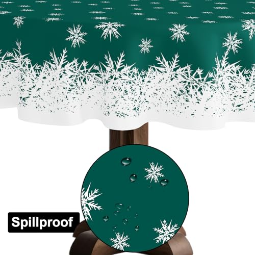 Xmas Tablecloth 70 Inch Round Green Snowflakes Holiday Party Cover - Spillproof & Washable