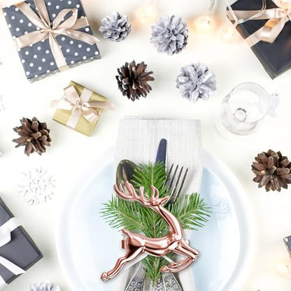Rose Gold Reindeer Napkin Rings Set of 8 for Christmas Table Decor - Elegant Holiday Party Supplies