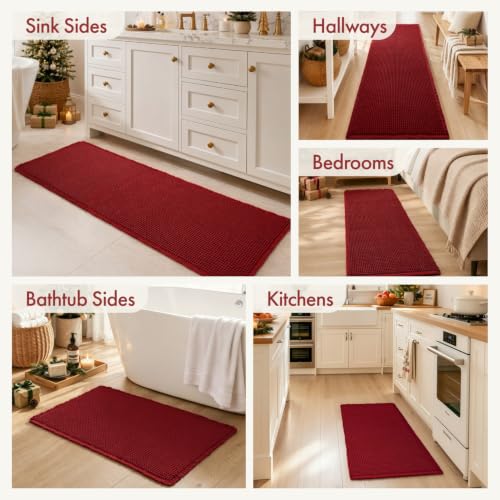MIULEE Burgundy Red Waffle Bathroom Runner Rug 24x60 Inches Non-Slip Bath Mat