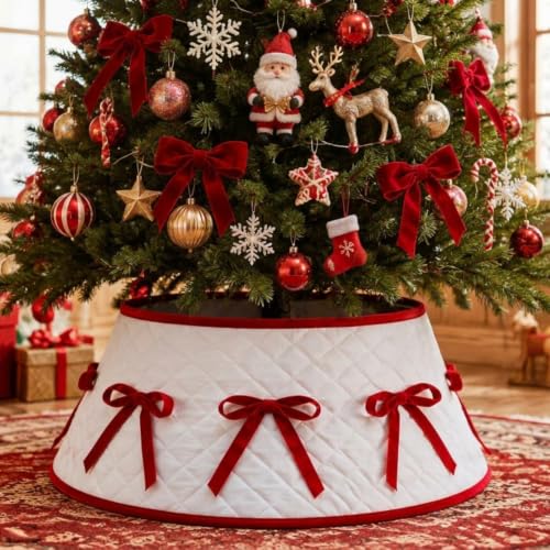 28-Inch Quilted Christmas Tree Collar with Velvet Bow - Tree Stand Cover