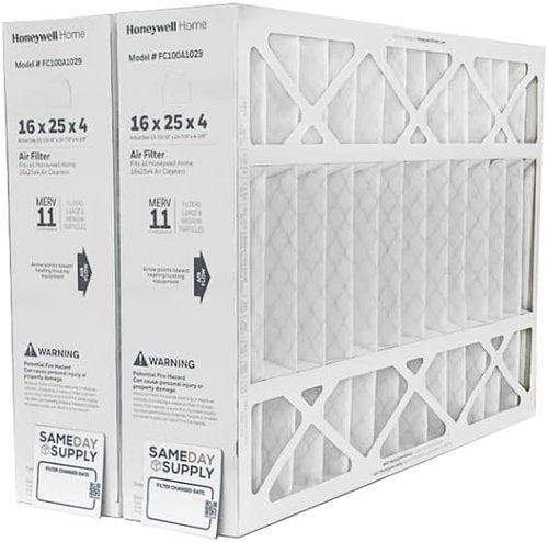 Honeywell FC100A1029 Pleated Air Filter - MERV 11, 16" x 25" x 4" | 2-Pack with Supply Reminder