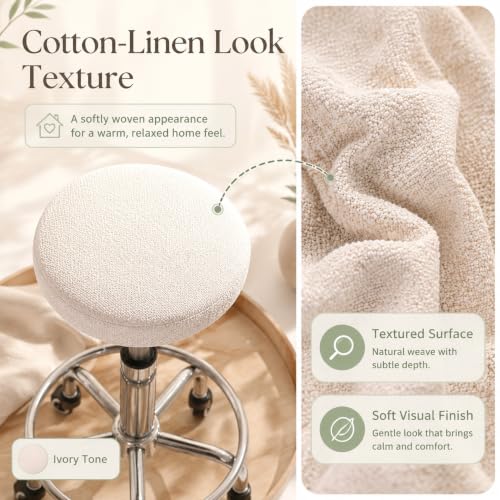 Beige Elastic Linen Textured Round Bar Stool Cover - Fits 10-14 Inches (S)