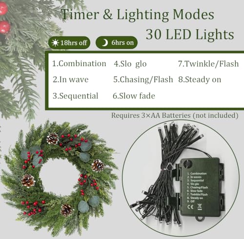 Christmas Wreath 24 Inch with Cedar Pine Foliage, Red Berries & 8-Function LED Lights - Red Green / 1 Pcs
