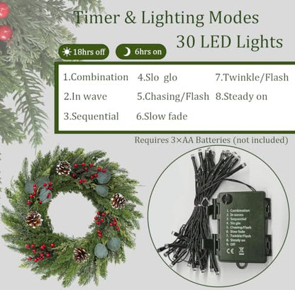 Christmas Wreath 24 Inch with Cedar Pine Foliage, Red Berries & 8-Function LED Lights - Red Green / 1 Pcs
