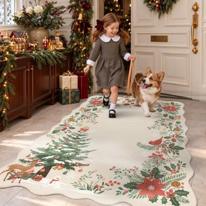 Christmas Beige Washable Scalloped Area Rug 4x6 for Living Room - Holiday Decor