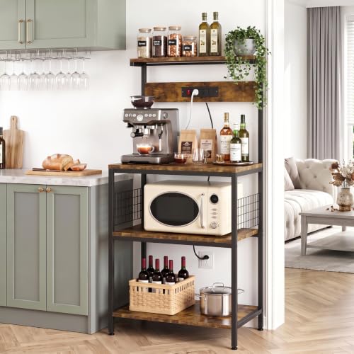 23.6-Inch Kitchen Bakers Rack with Power Outlet, Microwave Stand, Brown