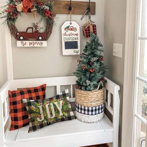 Christmas Pillow Covers 12x20 Black and Beige Buffalo Plaid Joy Wreath Outdoor Lumbar Set