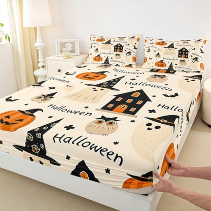 Halloween Bed Sheet Set King Size Ghost Bats Owl Pumpkin Deep Pocket Microfiber Ivory & Pumpkin Orange