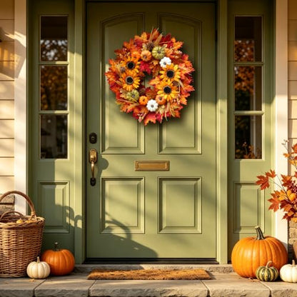 24 Inch Fall Sunflower Wreath with Pumpkins and Maple Leaves for Front Door