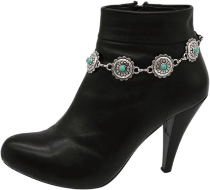 TrendyFashionJewelry Women's Western Boot Bracelet - Silver Chain Anklet with Turquoise Beads & Flower Charms