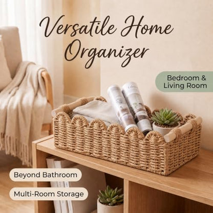 Scalloped Wicker Toilet Paper Storage Basket with Handles - Bathroom Organizer