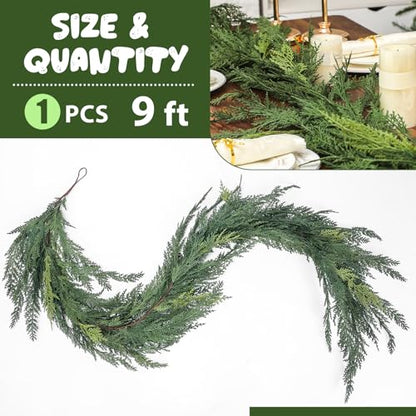 Jutom 9 ft Artificial Cedar Garland - Realistic Christmas Holiday Decor