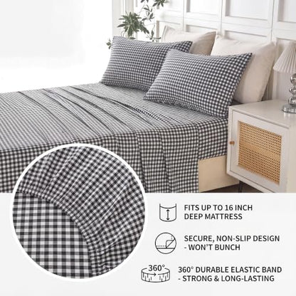 Plaid Full Bed Sheet Set with Deep Pockets - Black and White Gingham