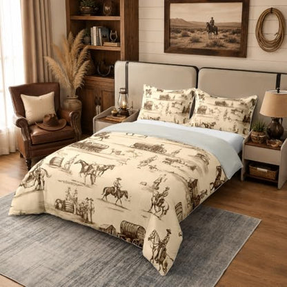 Western Decor Duvet Cover Set - 100% Cotton Twin Size Cowboy Bedding for Boys & Girls - Breathable Microfiber Bedspread with Pillow Shams - Sepia Cream