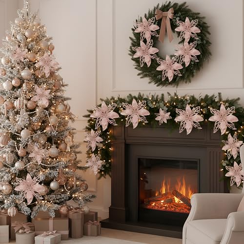 Rose Gold Christmas Artificial Poinsettia Flowers - 24 Pack, Holiday Decor