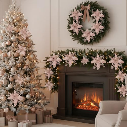 Rose Gold Christmas Artificial Poinsettia Flowers - 24 Pack, Holiday Decor