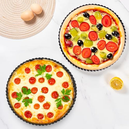 Meichu 9 inch Tart Pans with Removable Bottom Set of 2, Non stick Round Fluted Cake Pans for Baking Pizza Fruit Mousse Christmas Dessert.