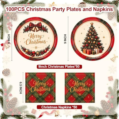 Christmas Tree & 100Pcs Buffalo Plaid Paper Plates and Napkins Set - Red & Green