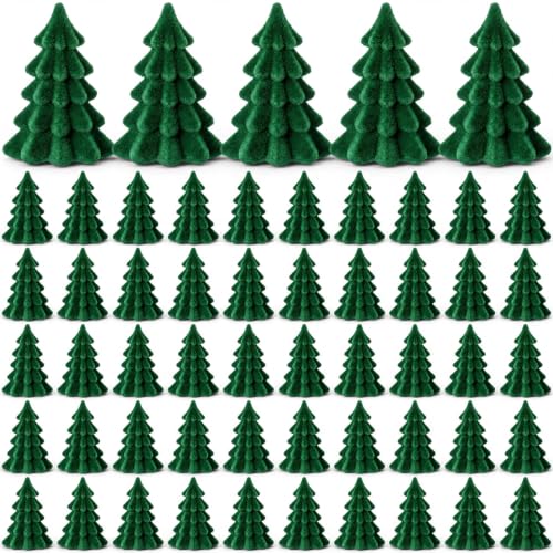 Mini Christmas Tree Figurines 50 Pack Velvet Flocked 1.6 Inch Green