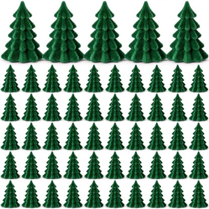Mini Christmas Tree Figurines 50 Pack Velvet Flocked 1.6 Inch Green