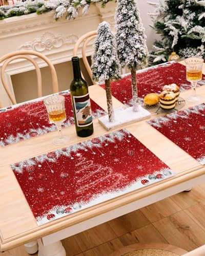 Christmas Cotton Linen Placemats Set of 6 - Red Sparkle Ornaments 13x19 Inches