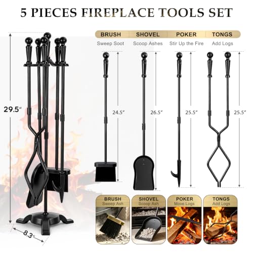 5-Piece Fireplace Tool Set with Stand - Wrought Iron, 29.5 Inches, Black
