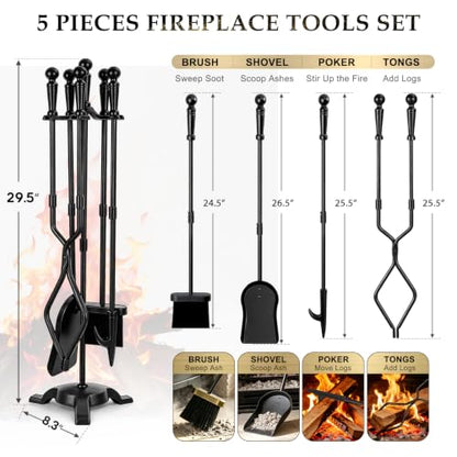 5-Piece Fireplace Tool Set with Stand - Wrought Iron, 29.5 Inches, Black
