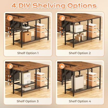 PRAISUN 47-Inch Rustic Brown L-Shaped Desk with Power Outlets & Fabric Drawers