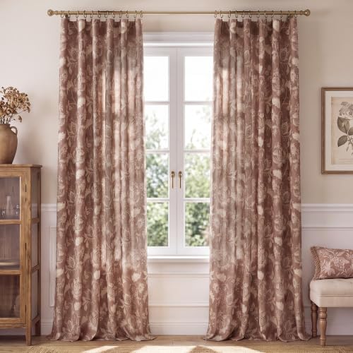Terracotta Floral Linen Curtains 84 inches - Pack of 2, 52"W x 84"L