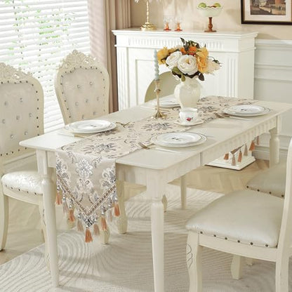 White Floral Jacquard Table Runner with Multi-Tassels - 13x62 Inch