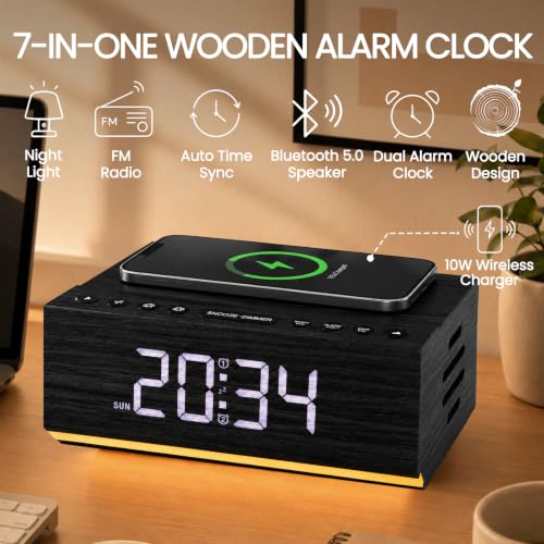 Wooden Digital Alarm Clock with Wireless Charging & Bluetooth Speaker