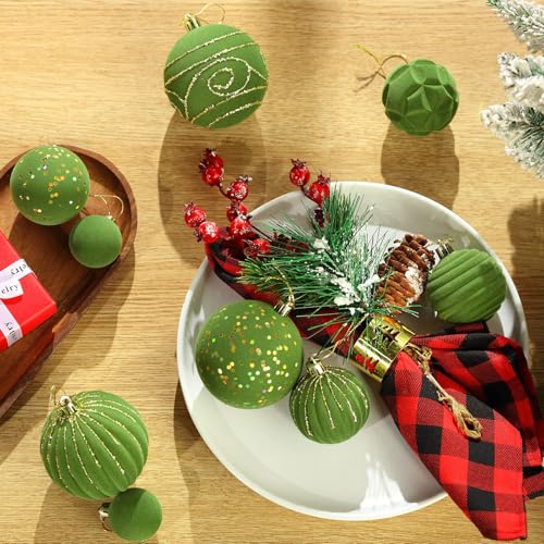 Suzile Velvet Christmas Ornaments Set - Moss Green Holiday Decorations, 18 Pcs
