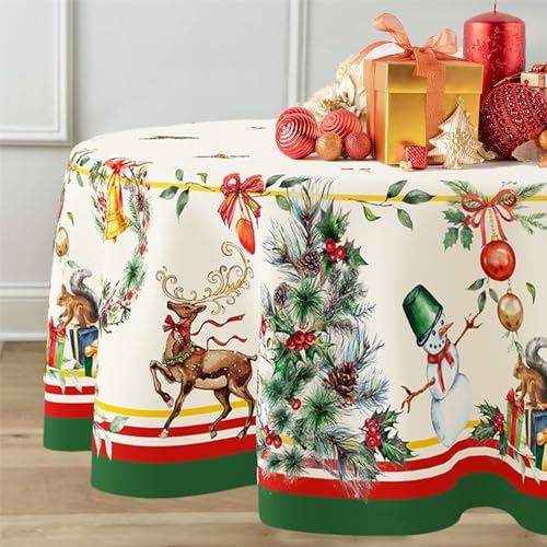Round Christmas Tablecloth 60x60in Tree Elk Holiday Decor Waterproof & Wrinkle-Resistant