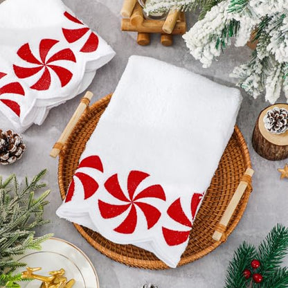 White Christmas Hand Towels Set of 2 - Embroidered Peppermint Candy, Scalloped Edges, 29.5 x 15.7 Inches