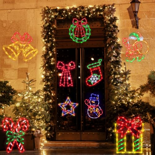 Christmas Window Silhouette Lights - 16 Inch LED Holiday Decorations with Variation Wreath & Bow & Star & Candy Cane & Santa & Stocking