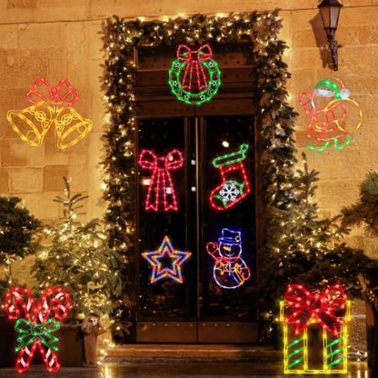 Christmas Window Silhouette Lights - 16 Inch LED Holiday Decorations with Variation Wreath & Bow & Star & Candy Cane & Santa & Stocking
