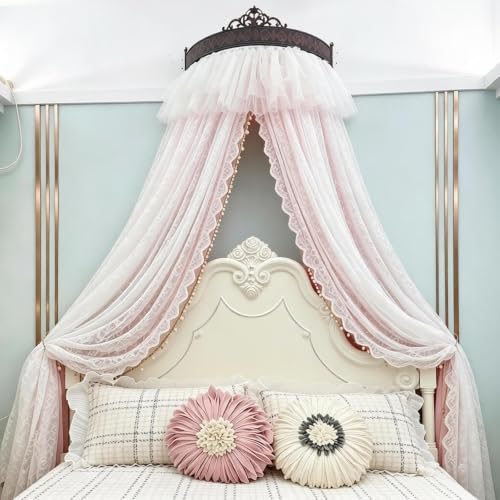 Princess Bed Canopy Double Layer Lace Bed Curtain with Metal Crown Frame - White+Pink