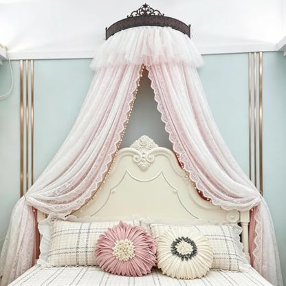 Princess Bed Canopy Double Layer Lace Bed Curtain with Metal Crown Frame - White+Pink
