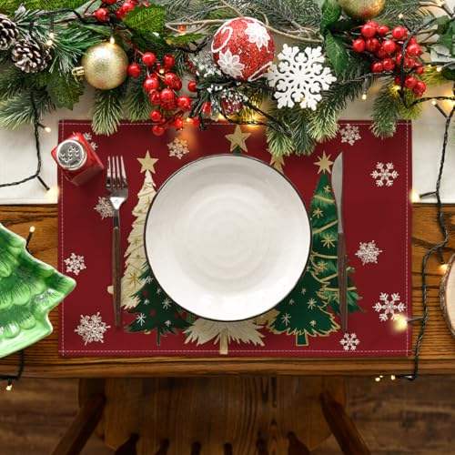Christmas Placemats Set of 12 - Red Snowflakes & Trees, 12x18 Inches, Seasonal Table Decor