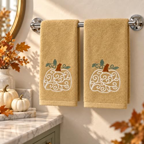 Fall Hand Towels with Scroll Pumpkin Embroidery - Cream, Rust & Green Leaves - 16x25 Inch