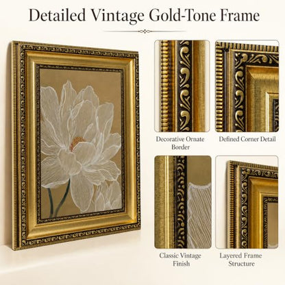 White Lotus Line Wall Art - Neutral Floral Painting with Gold Frame - 11x9