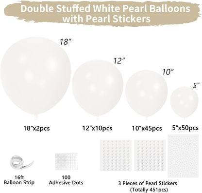 Double Stuffed Pearl White Balloons - 116 Pcs Arch Garland Kit for Weddings & Showers | 5/10/12/18 Inch