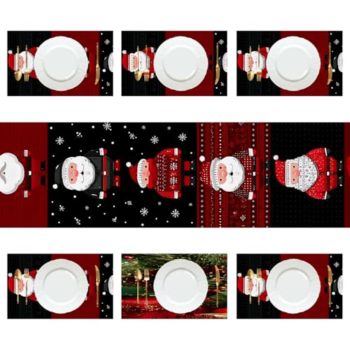 Christmas Table Runner and Placemats Set with Santa Claus Variation - 7 Pieces, Buffalo Plaid, Snowman, Deer, Holiday Kitchen Decor