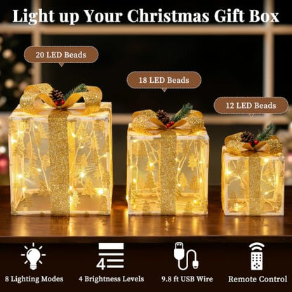 Lewondr Golden Christmas Lighted Gift Boxes Set - Glitter Xmas Tree Pattern, USB Powered with Remote Control
