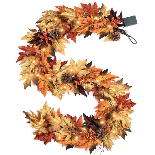 6FT Fall Garland with 30 Warm Lights, Timer, Gradient Maple Leaves - Vintage Autumn