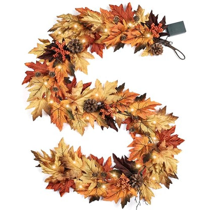 6FT Fall Garland with 30 Warm Lights, Timer, Gradient Maple Leaves - Vintage Autumn