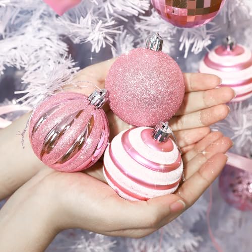Pink Christmas Tree Ornaments Set with Glittering Balls and Bows - 20 Pieces