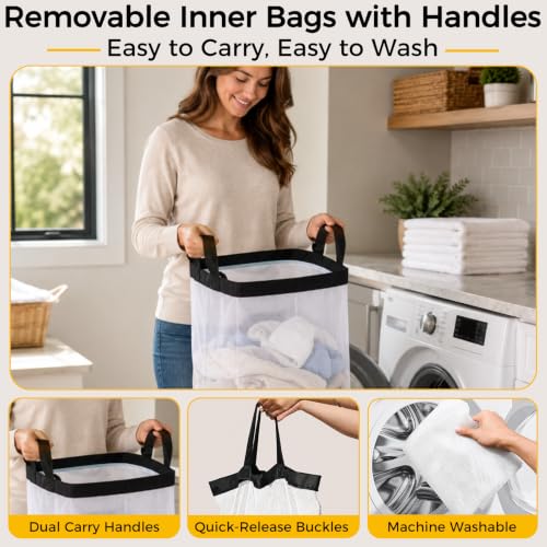 UFORU 195L 3-Section Laundry Hamper with Lid - Black, Collapsible & Removable Mesh Bags