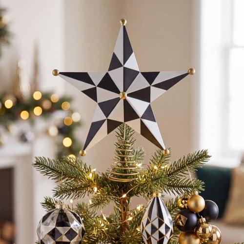 9-Inch Black and White Checkered Metal Christmas Tree Topper Star