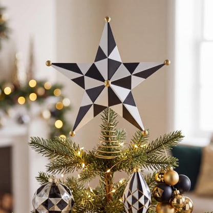 9-Inch Black and White Checkered Metal Christmas Tree Topper Star